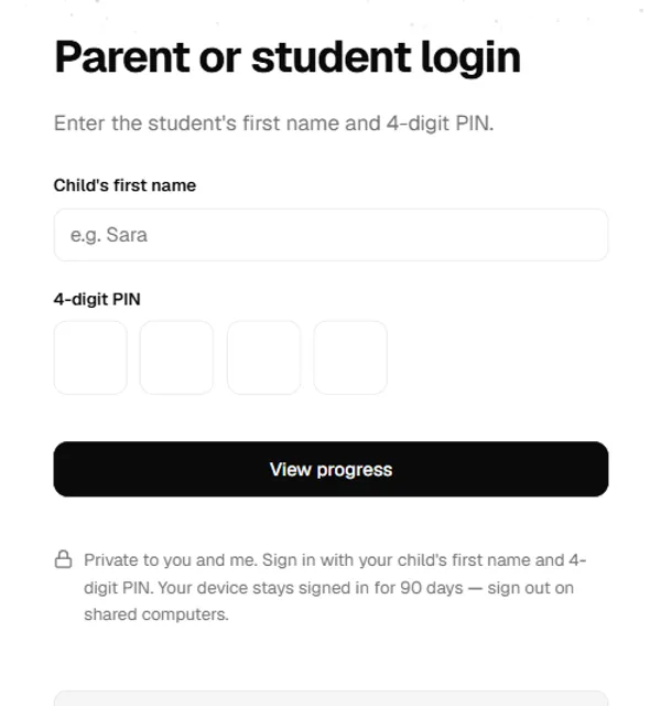 The parent login screen, asking for a child's first name and a 4-digit PIN